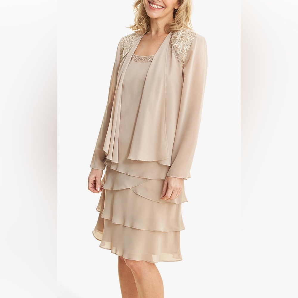 Women’s Formal Dress Plus Sz 16W SLNY Long Sleeve Chiffon Ivory 2pc Jacket+Dress